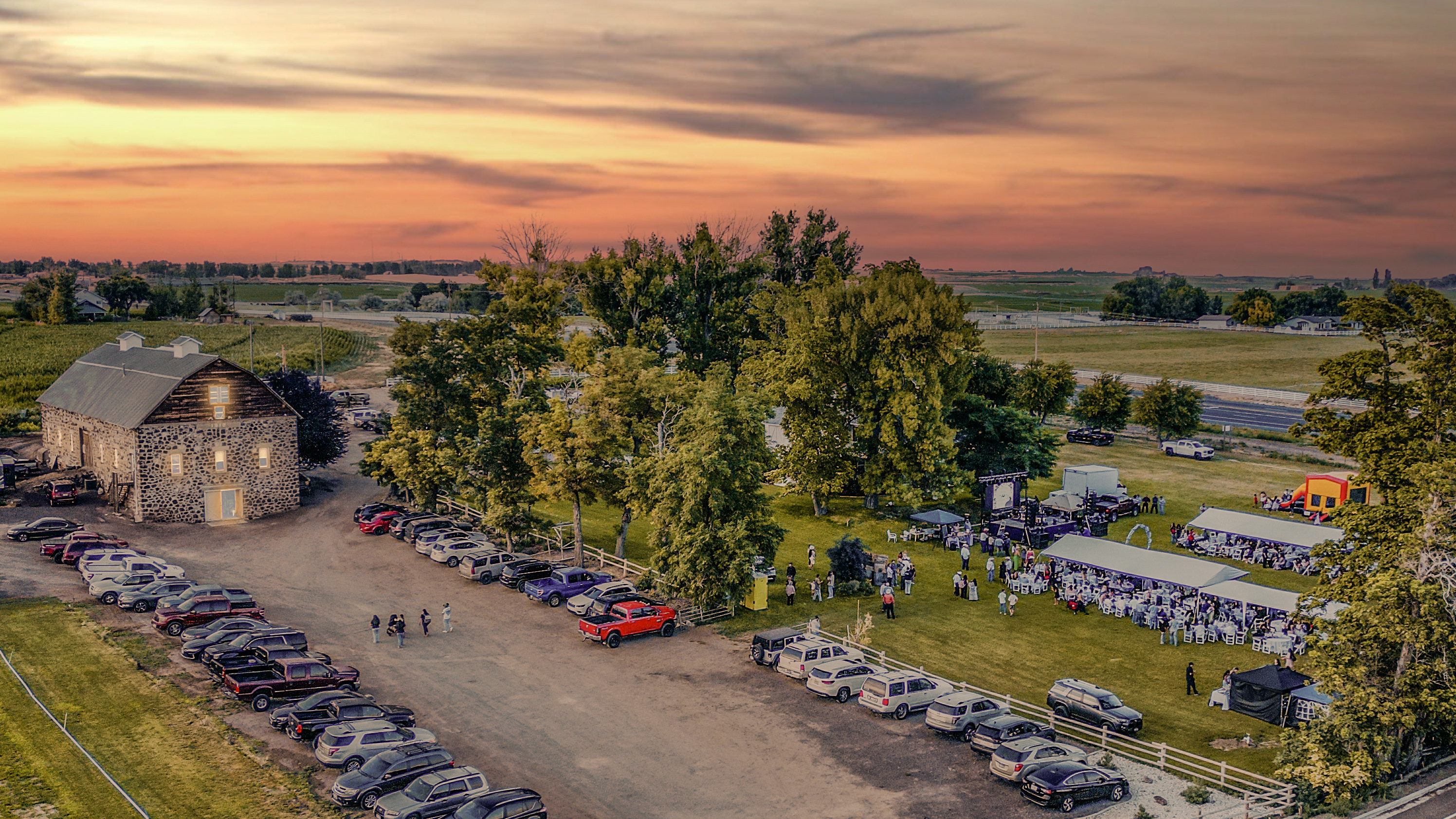 Drone view of outdoor wedding setup area