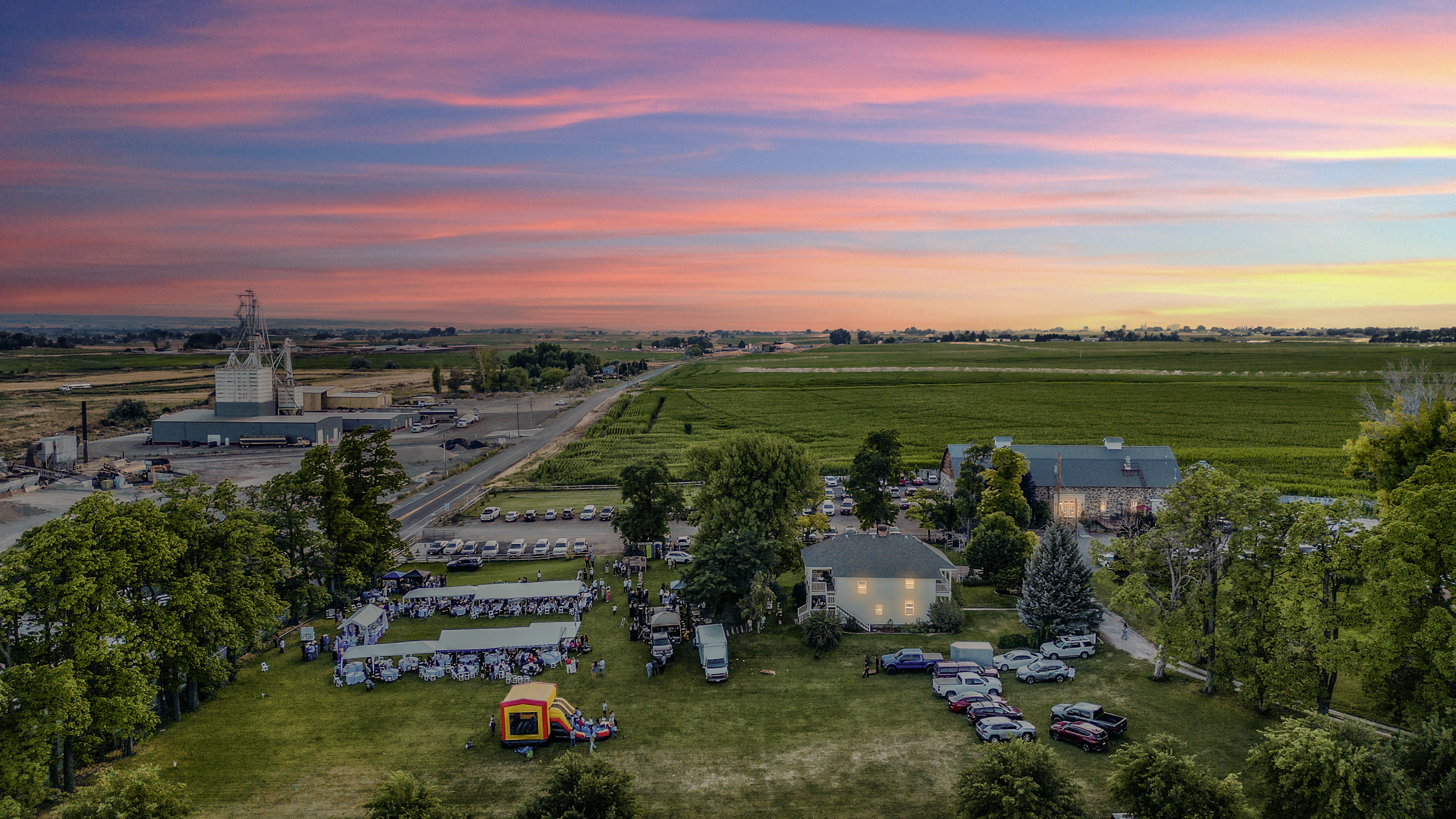 Sunset aerial view of Mountain View Barn
